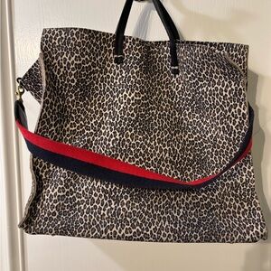 Chic Leopard Print Tote with Red and Black Strap